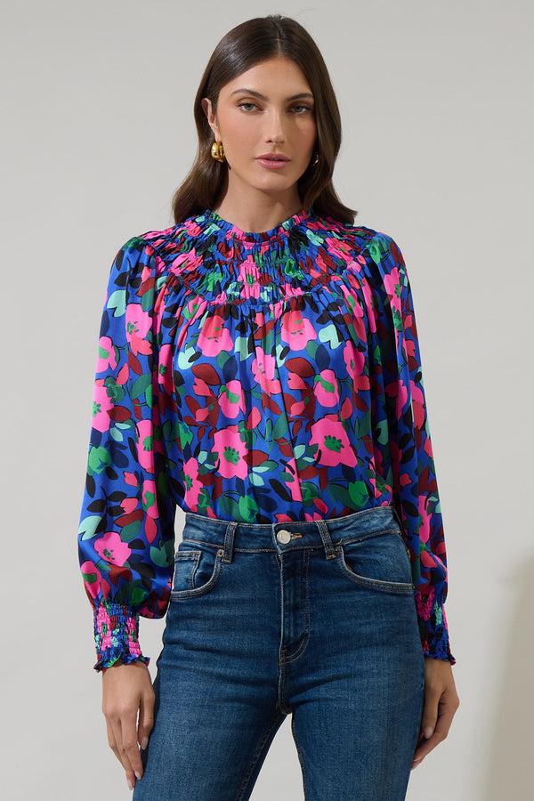 sugarlips Vivi Berry Floral Bonsoir Smocked Raglan Sleeve Blouse