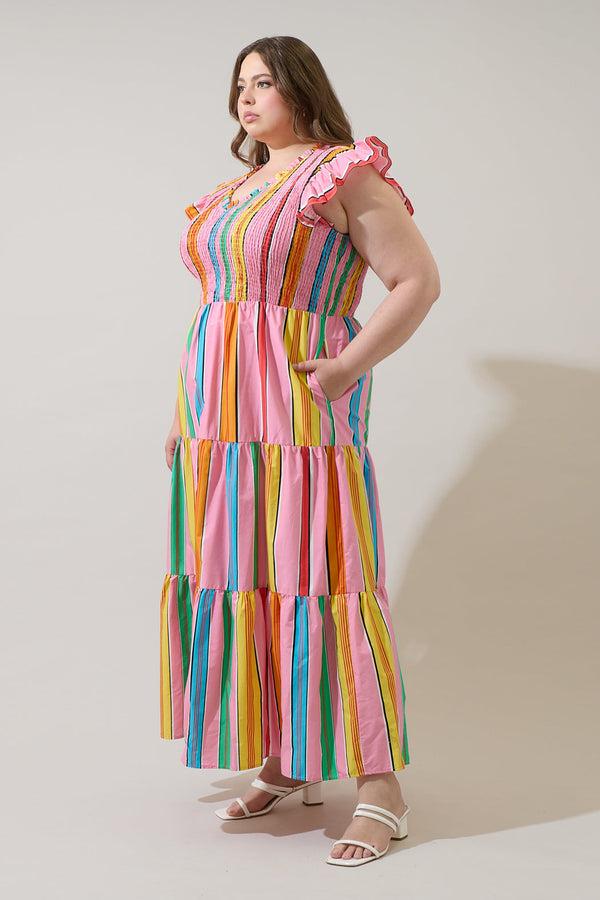 Sugarlips Viya Stripe Sunfire Tiered Midi Dress Curve