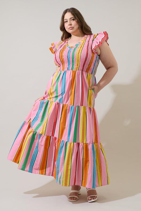 sugarlips Viya Stripe Sunfire Tiered Midi Dress Curve