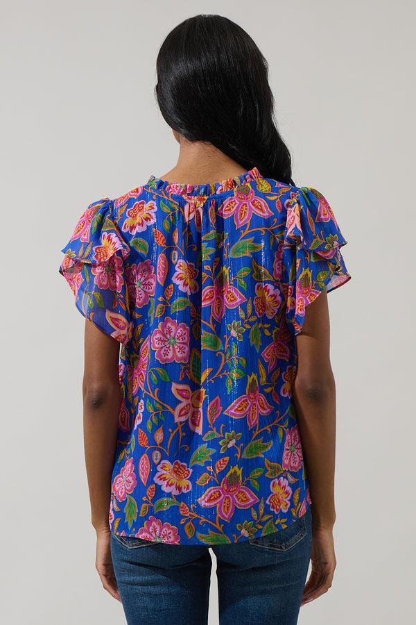 Sugarlips Wendey Floral Montie Ruffle Tie Neck Blouse