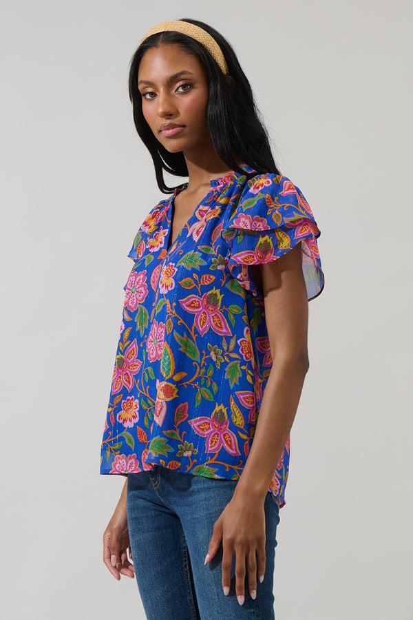 Sugarlips Wendey Floral Montie Ruffle Tie Neck Blouse