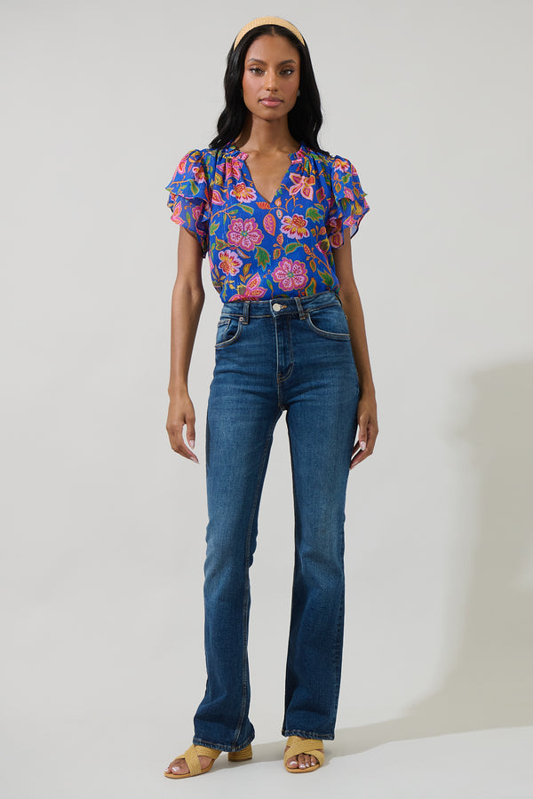 Sugarlips Wendey Floral Montie Ruffle Tie Neck Blouse