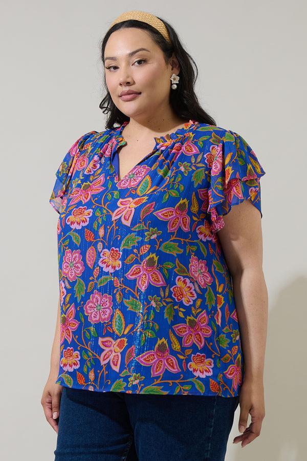 Sugarlips Wendey Floral Montie Ruffle Tie Neck Blouse Curve