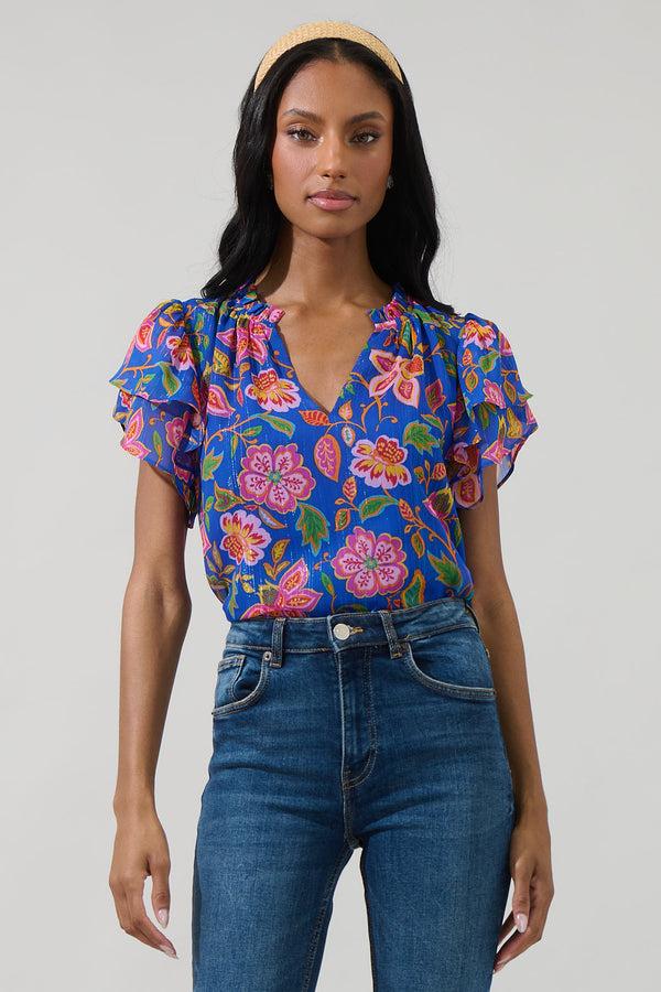 sugarlips Wendey Floral Montie Ruffle Tie Neck Blouse
