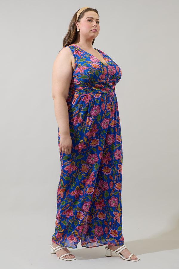 Sugarlips Wendey Floral Tilda Plunging Neckline Jumpsuit Curve