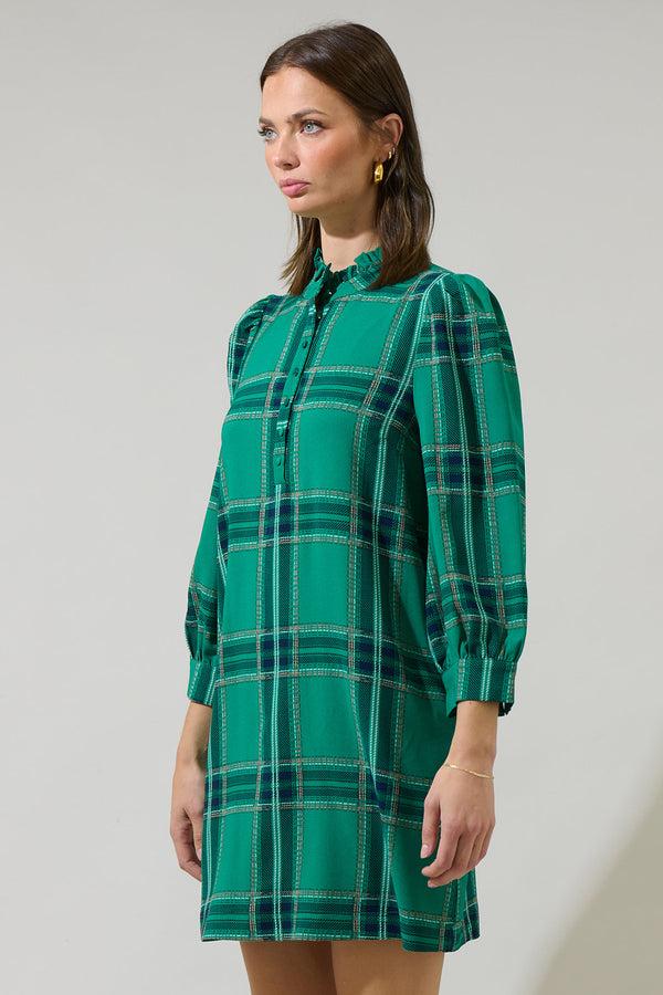 Sugarlips Woodland Jade Plaid Lorna Shift Mini Dress