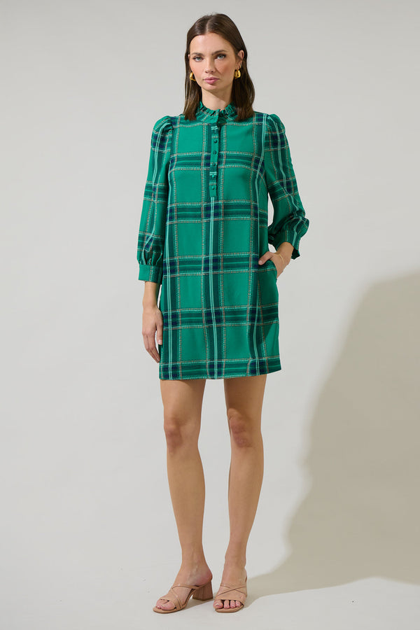 Sugarlips Woodland Jade Plaid Lorna Shift Mini Dress