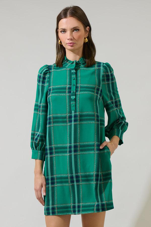 sugarlips Woodland Jade Plaid Lorna Shift Mini Dress