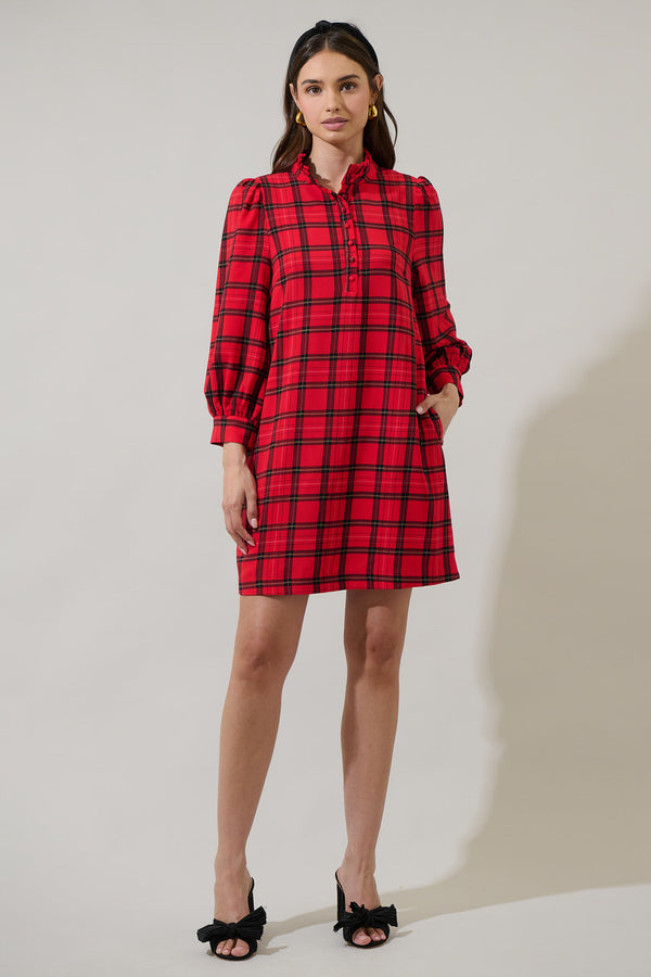 Sugarlips Woodland Red Plaid Lorna Shift Mini Dress