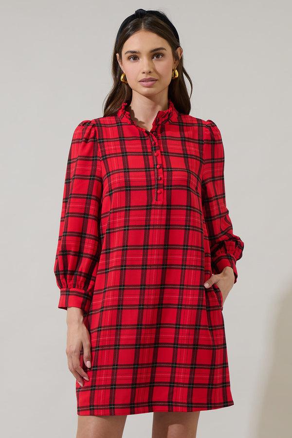 sugarlips Woodland Red Plaid Lorna Shift Mini Dress