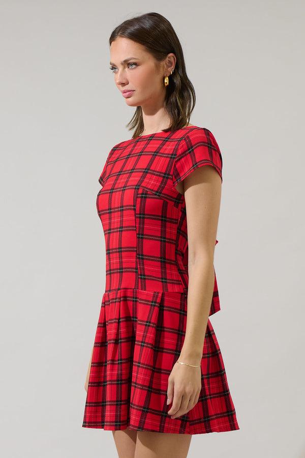 Sugarlips Woodland Red Plaid Mali Pleated Mini Dress