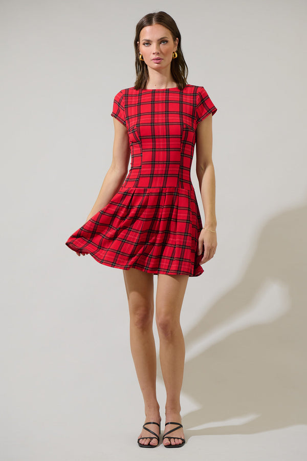 Sugarlips Woodland Red Plaid Mali Pleated Mini Dress