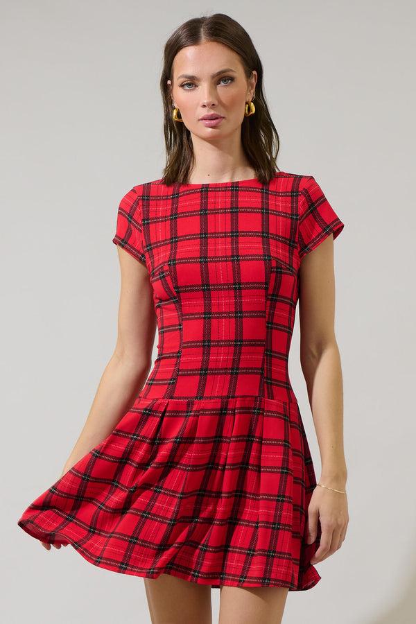 sugarlips Woodland Red Plaid Mali Pleated Mini Dress