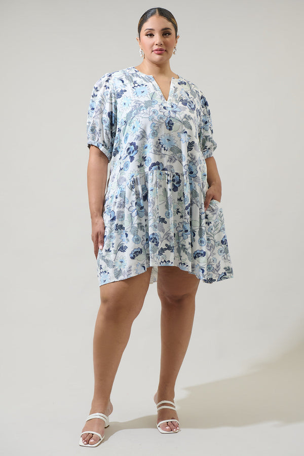 Sugarlips Wrenley Garden Floral Hinley Split Neck Mini Dress Curve