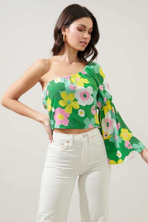 sugarlips Wrenly Floral Cool It One Shoulder Bell Sleeve Top