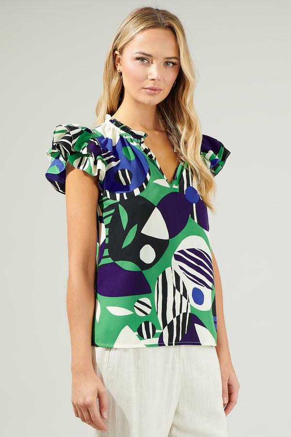 Sugarlips Xandria Geometric Bellissima Ruffle Sleeve Top