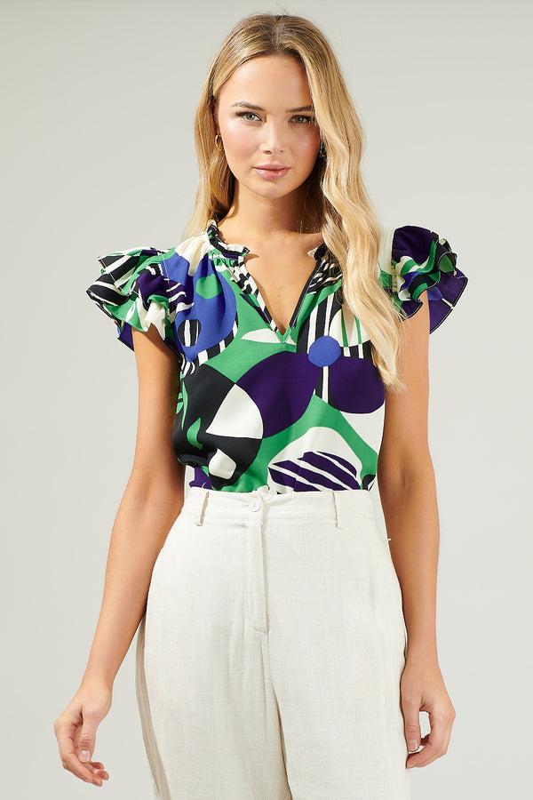 sugarlips Xandria Geometric Bellissima Ruffle Sleeve Top