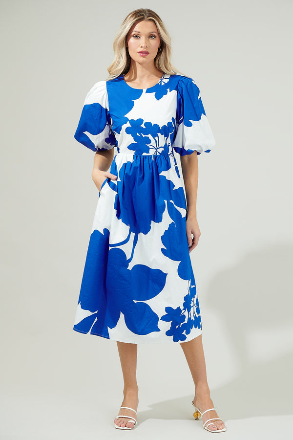 sugarlips Yardley Floral Poplin Puff Sleeve Midi Dress