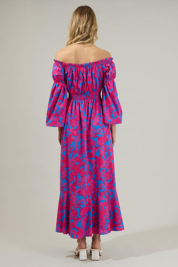 Sugarlips Yeraldi Berry Tropics Off The Shoulder Bell Sleeve Midi Dress