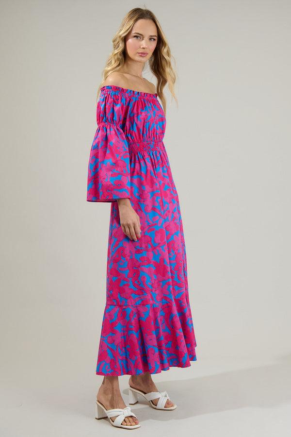 Sugarlips Yeraldi Berry Tropics Off The Shoulder Bell Sleeve Midi Dress