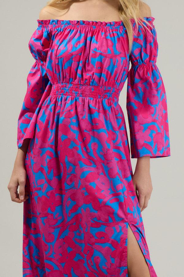 Sugarlips Yeraldi Berry Tropics Off The Shoulder Bell Sleeve Midi Dress