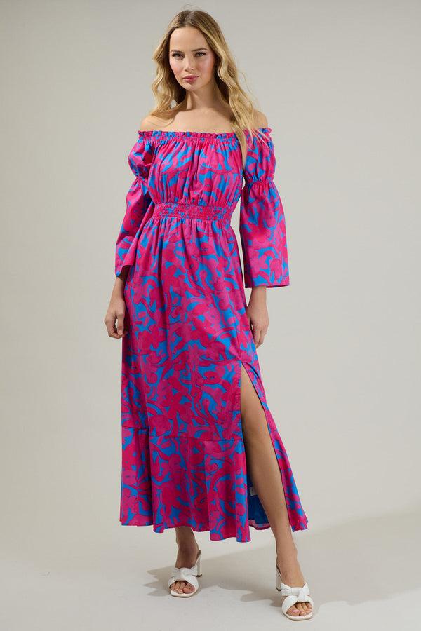 sugarlips Yeraldi Berry Tropics Off the Shoulder Bell Sleeve Midi Dress