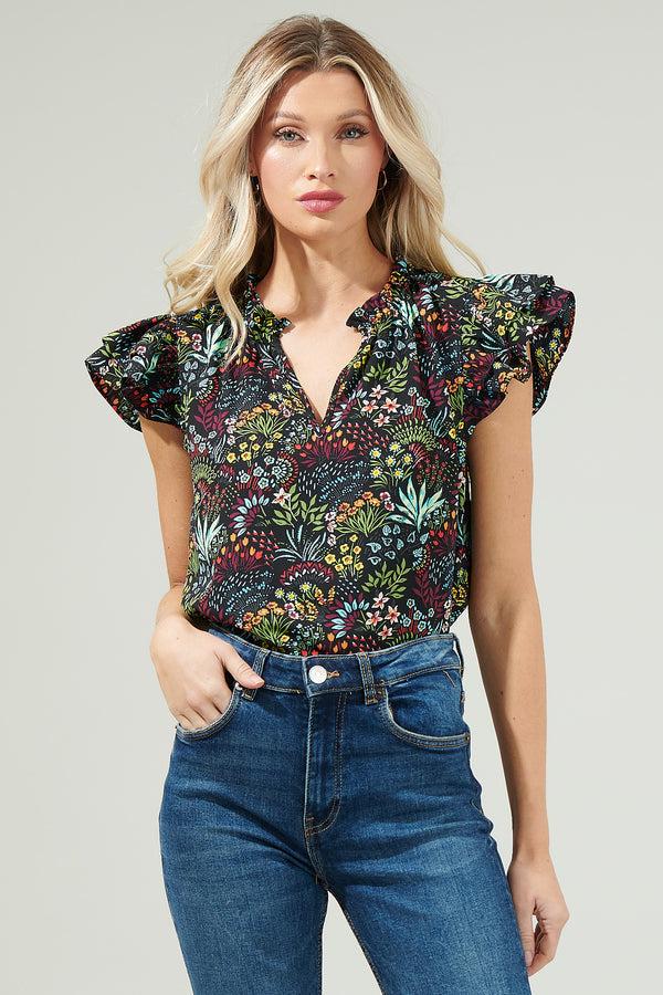 Sugarlips Yorbie Floral Bellissima Ruffle Sleeve Top