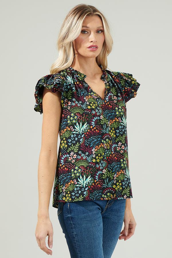 Sugarlips Yorbie Floral Bellissima Ruffle Sleeve Top