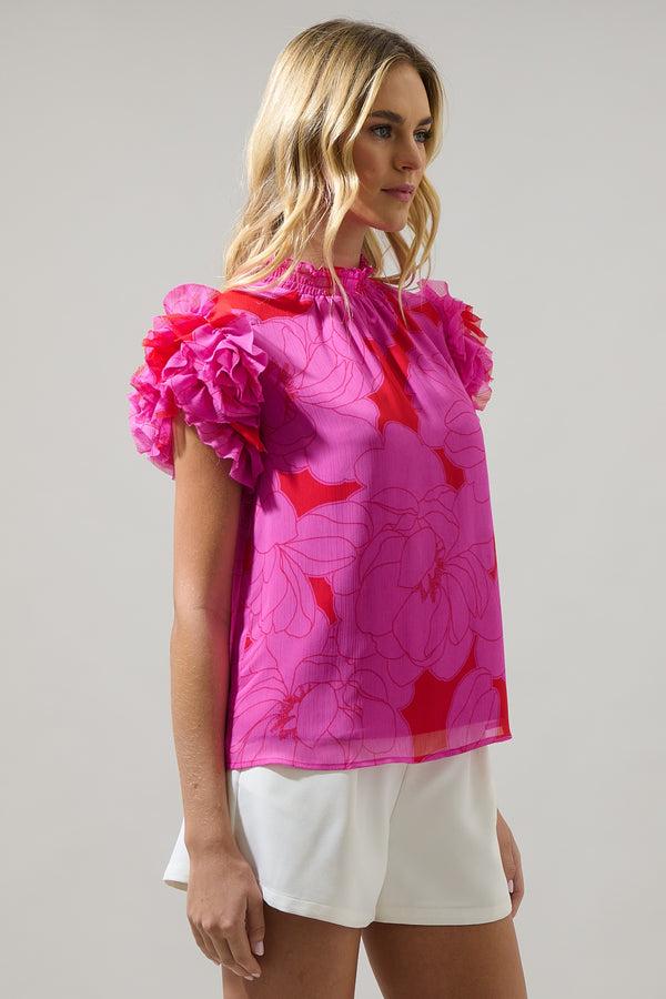 Sugarlips Zalea Floral Brenna Mock Neck Ruffle Blouse