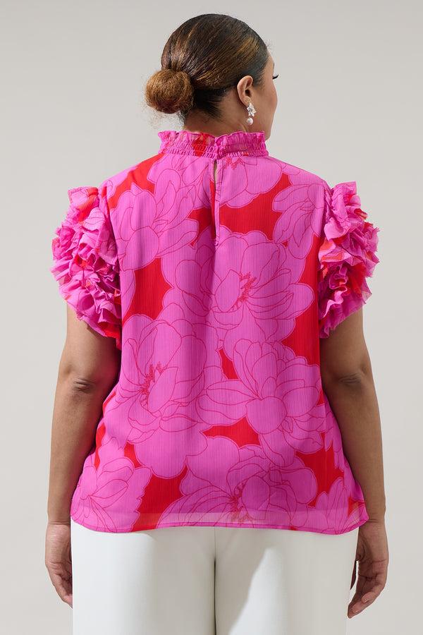 Sugarlips Zalea Floral Brenna Mock Neck Ruffle Blouse Curve