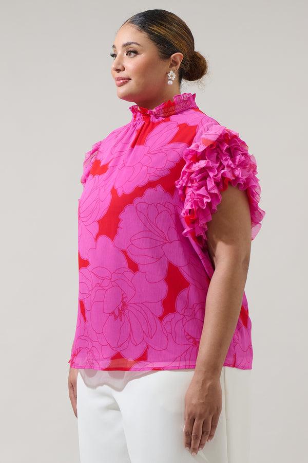 Sugarlips Zalea Floral Brenna Mock Neck Ruffle Blouse Curve
