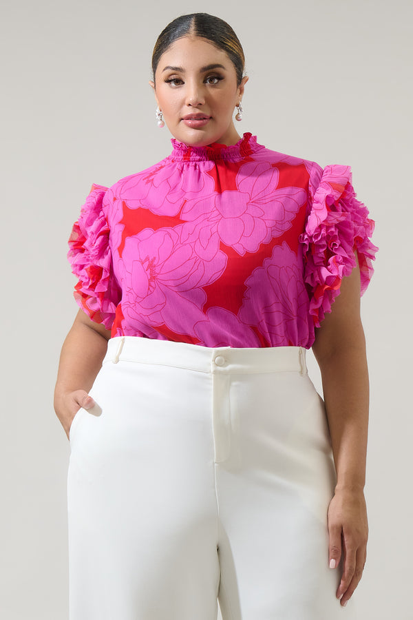 sugarlips Zalea Floral Brenna Mock Neck Ruffle Blouse Curve