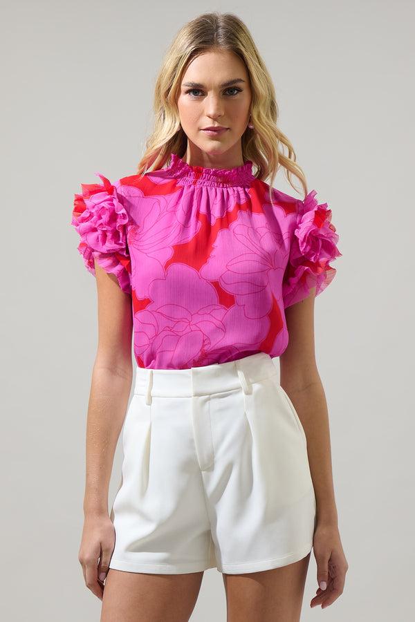 sugarlips Zalea Floral Brenna Mock Neck Ruffle Blouse