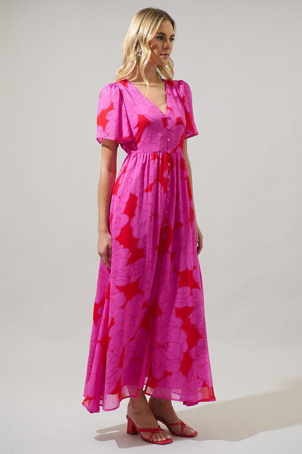 Sugarlips Zalea Floral Linana Button Front Maxi Dress