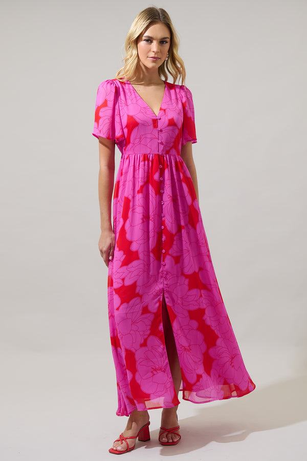 sugarlips Zalea Floral Linana Button Front Maxi Dress