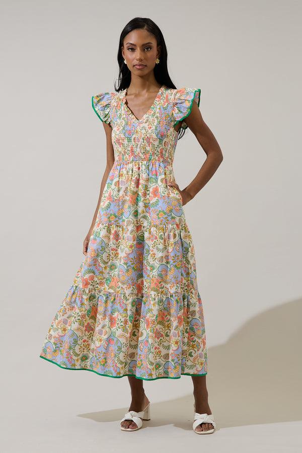 Sugarlips Zamara Floral Smocked Bodice Tiered Midi Dress