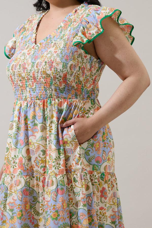 Sugarlips Zamara Floral Smocked Bodice Tiered Midi Dress Curve