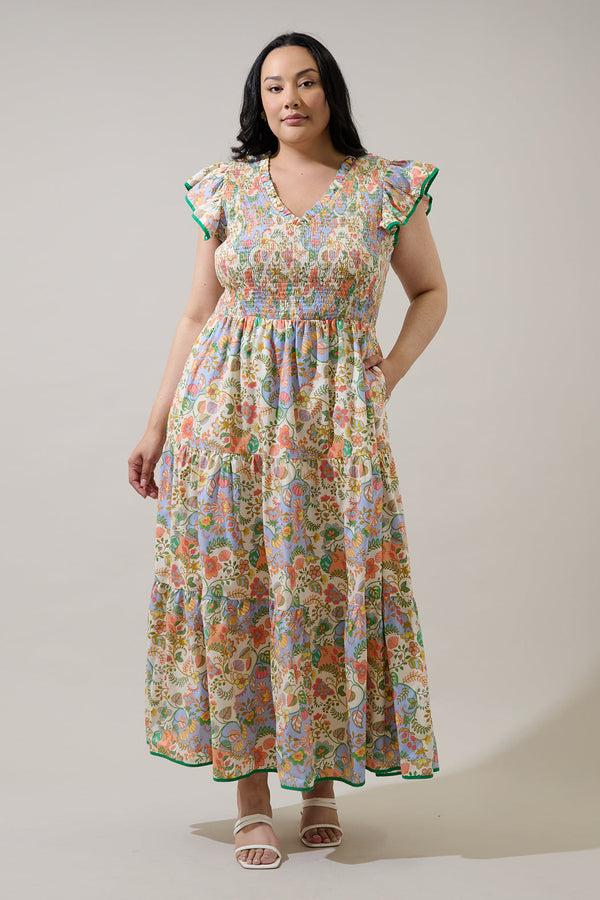 sugarlips Zamara Floral Smocked Bodice Tiered Midi Dress Curve