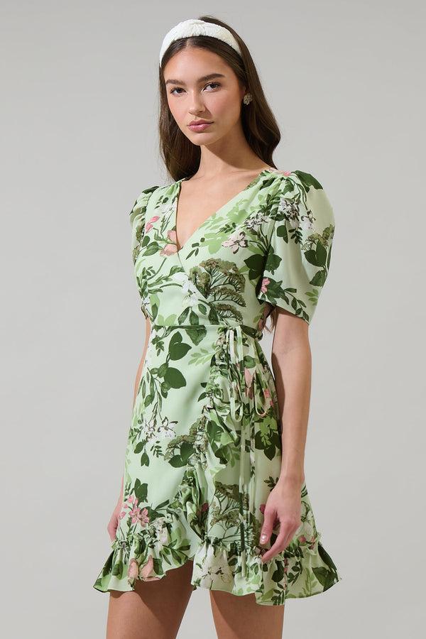 Sugarlips Zane Floral Angelonia Wrap Ruffle Mini Dress