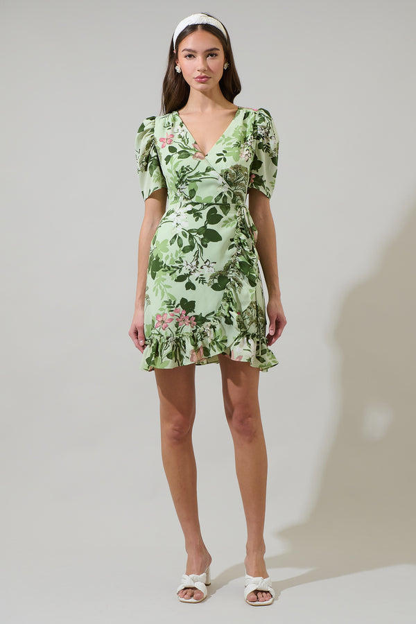 Sugarlips Zane Floral Angelonia Wrap Ruffle Mini Dress