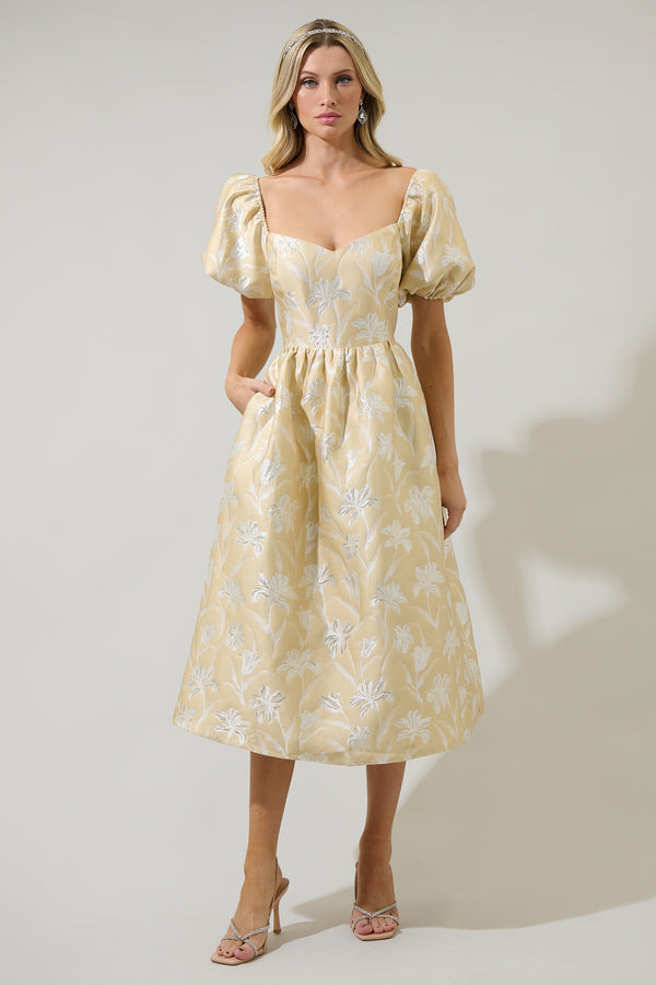Sugarlips Zarah Jacquard Alessi Puff Sleeve Midi Dress