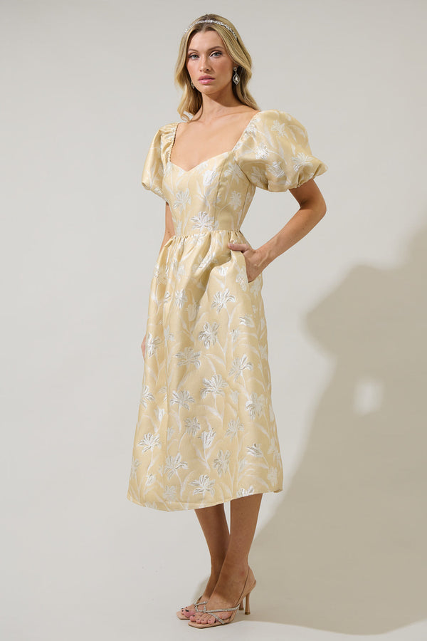 Sugarlips Zarah Jacquard Alessi Puff Sleeve Midi Dress