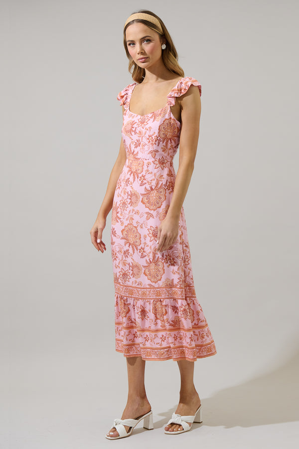 Sugarlips Zavey Floral Chantal Ruffle Smocked Midi Dress