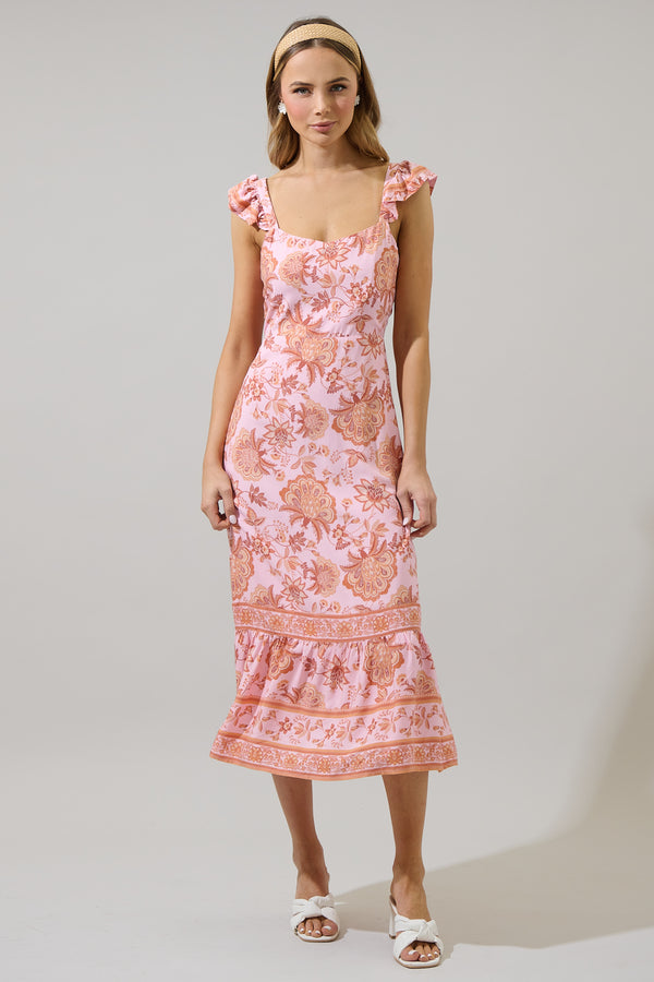 sugarlips Zavey Floral Chantal Ruffle Smocked Midi Dress