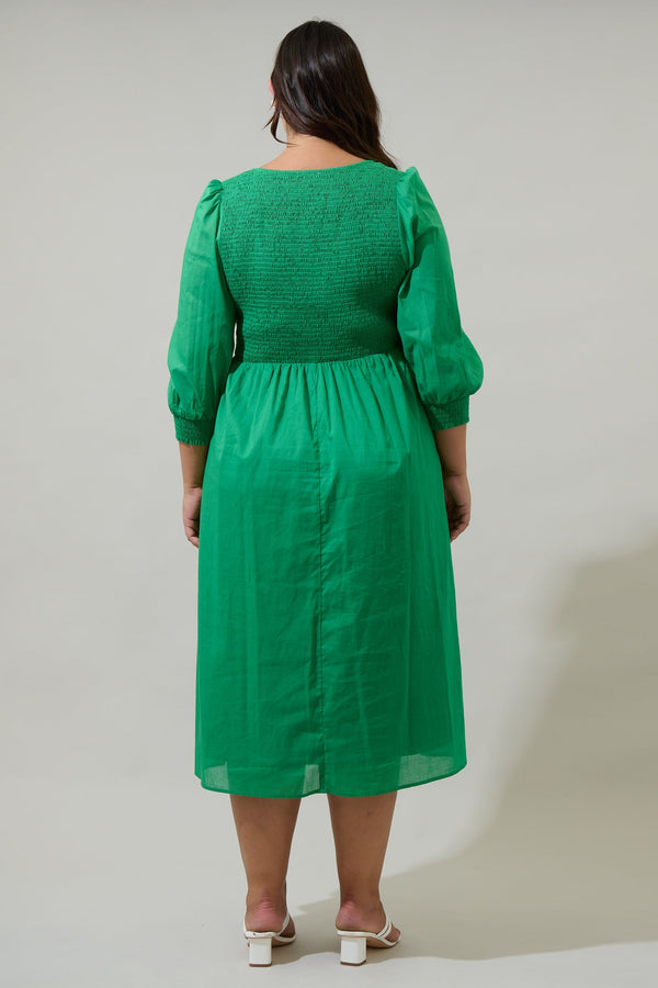 Sugarlips Zelda Smocked Long Sleeve Cotton Voile Midi Dress Curve