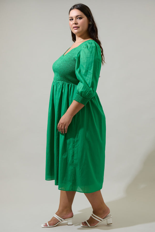 Sugarlips Zelda Smocked Long Sleeve Cotton Voile Midi Dress Curve