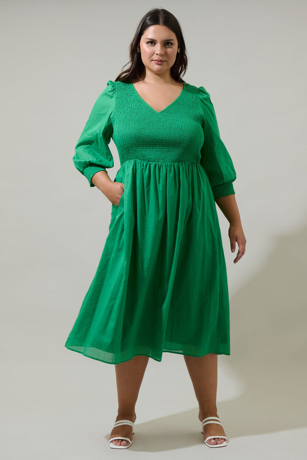 sugarlips Zelda Smocked Long Sleeve Cotton Voile Midi Dress Curve