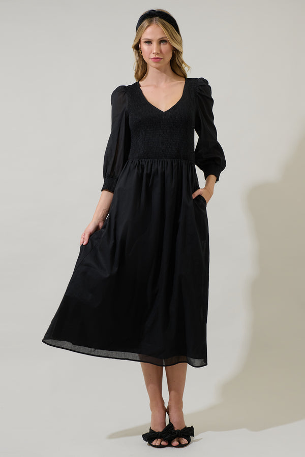 sugarlips Zelda Smocked Long Sleeve Cotton Voile Midi Dress