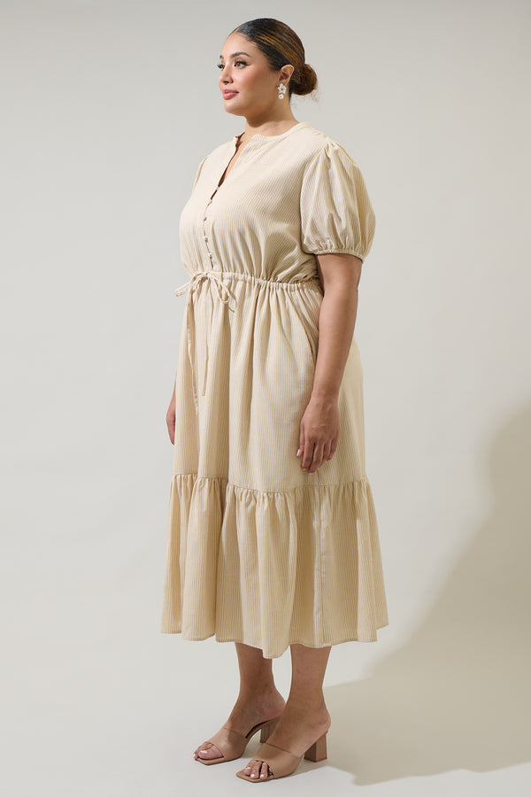 Sugarlips Zephyr Ticking Stripe Waist Tie Midi Curve Dress