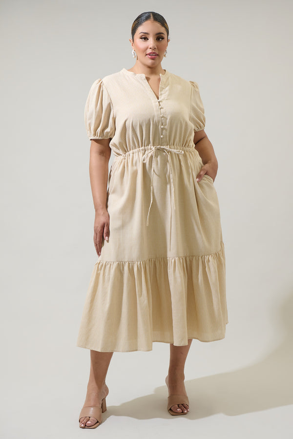 sugarlips Zephyr Ticking Stripe Waist Tie Midi Curve Dress